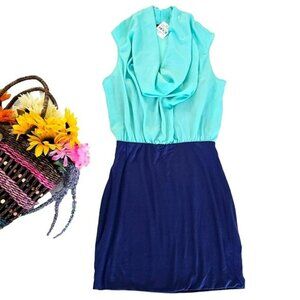 Soprano Women's Mini Dress Size Medium Aqua Navy Blue Draped Cascading Cocktail